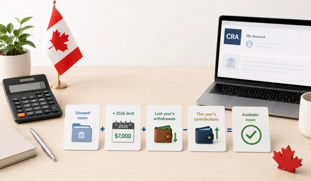 TFSA contribution room calculation with CRA account screen, calculator, notebook, and Canadian flag.