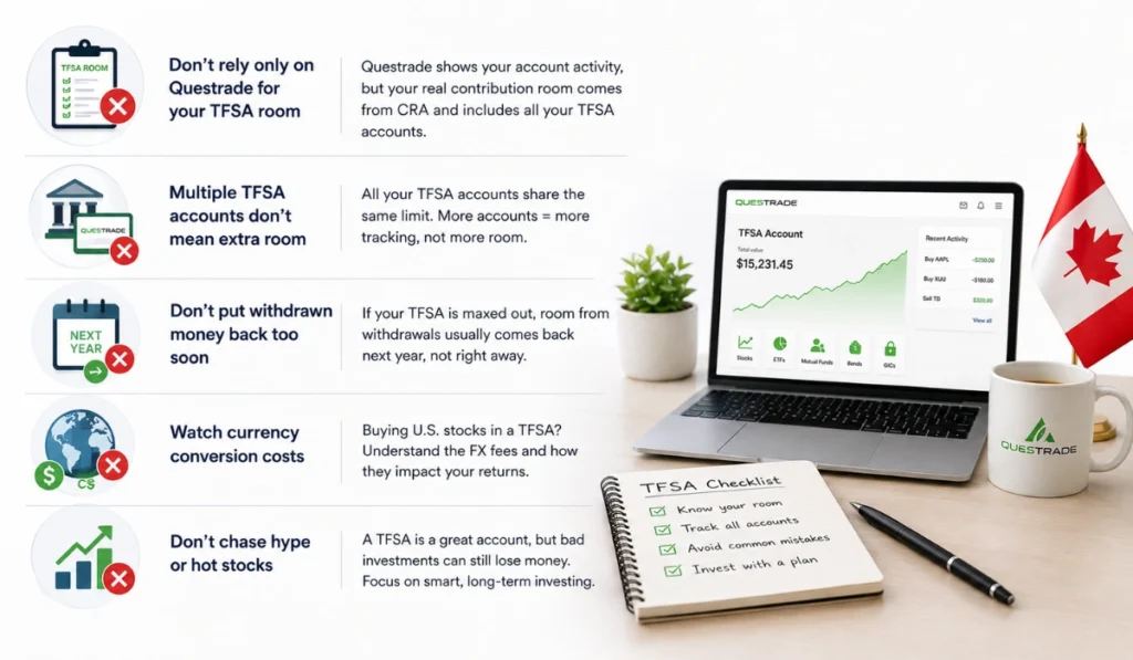 Questrade TFSA mistakes infographic showing contribution room errors, withdrawal timing, currency costs, risky stocks, and a TFSA checklist.