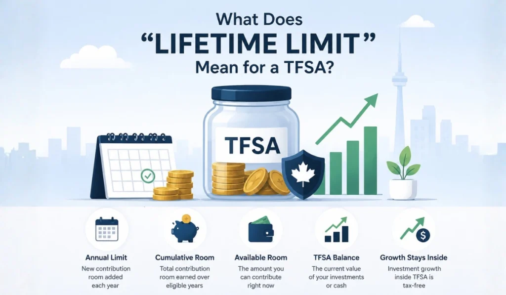 TFSA lifetime limit infographic showing a TFSA savings jar, coins, calendar, growth chart, Canadian maple leaf shield, and icons for annual limit, cumulative room, available room, balance, and tax-free growth.