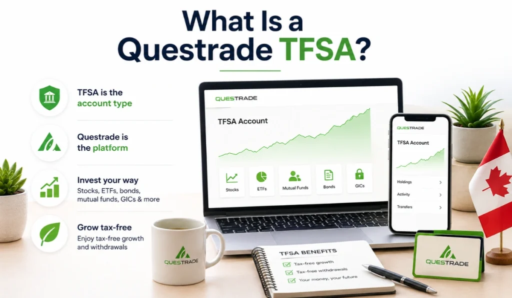 Questrade TFSA overview with laptop, mobile account screen, investment icons, Canadian flag, and tax-free growth theme.